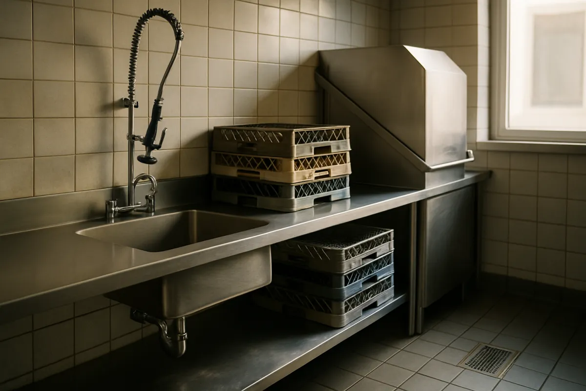 A stainless steel dish table with a coiled pre-rinse sprayer, a deep sink, stacked plastic dish racks, and a stainless machine with a raised hood beside a tiled wall