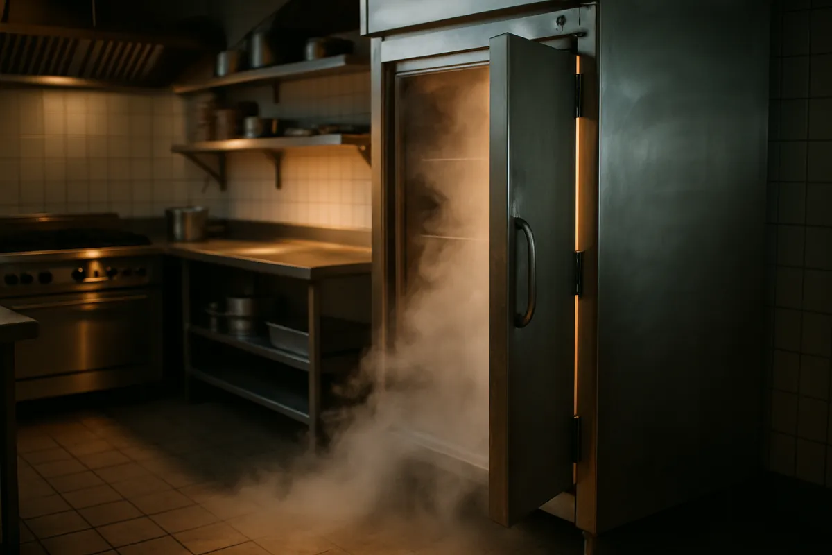 A tall stainless freezer cabinet standing open in a dim tiled commercial kitchen with pale vapor rolling out across the floor