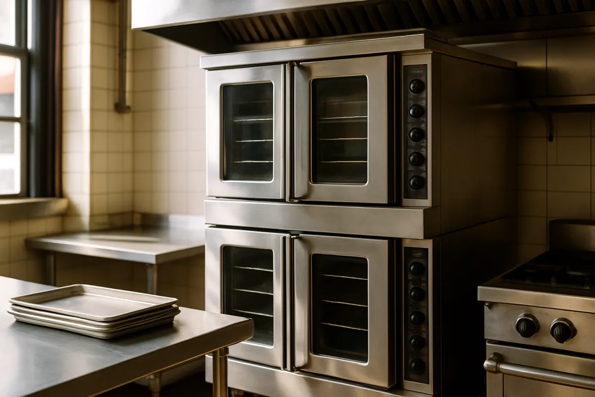 Two stainless steel convection ovens stacked one above the other with glass doors and rows of control knobs, a stainless exhaust hood above and stacked sheet pans on a work table beside them
