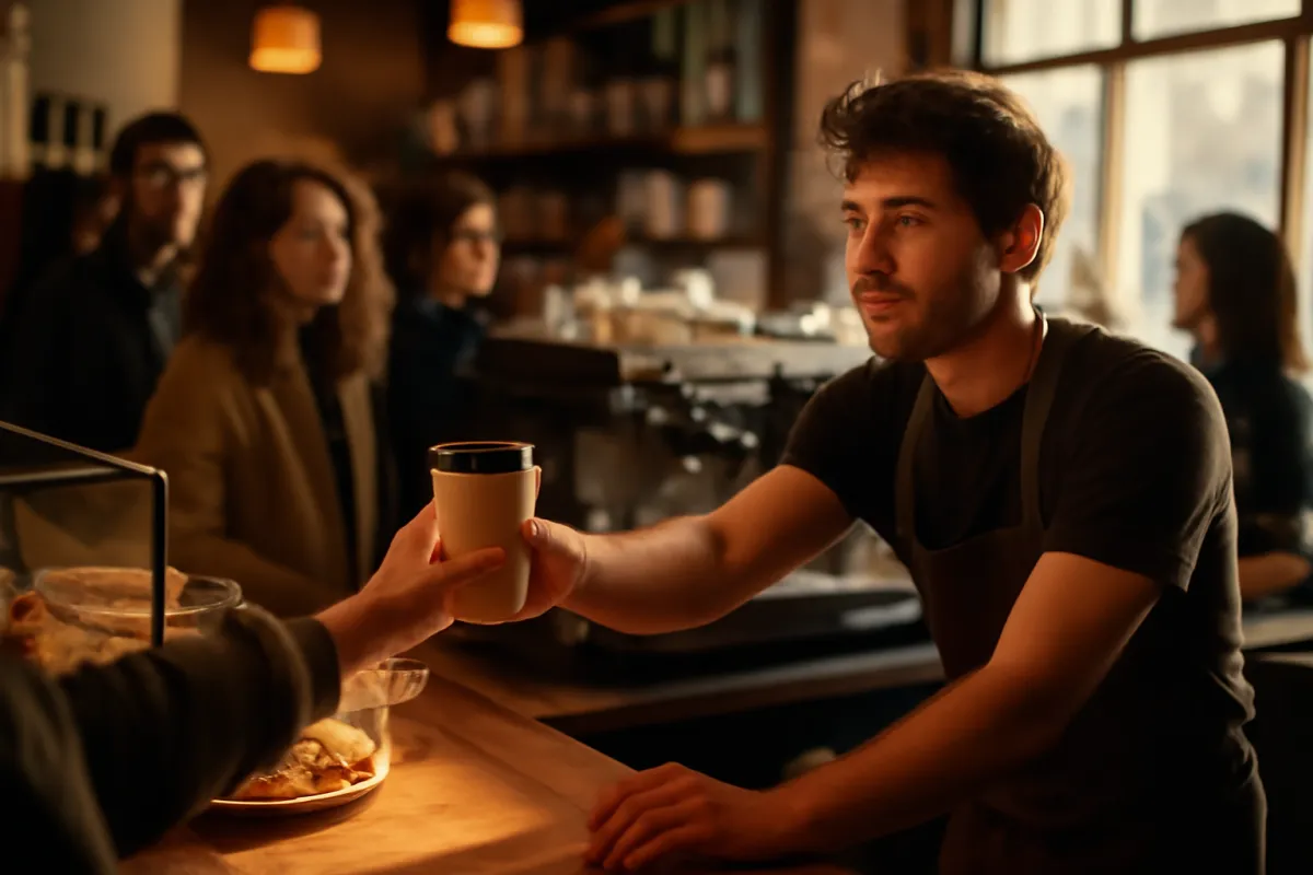A busy coffee shop counter at morning rush with a barista handing a paper cup to a customer in warm amber light