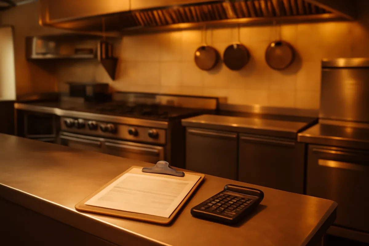 A clipboard holding a printed financing document and a calculator sitting on a stainless steel counter in a commercial kitchen, with a range, hanging pots, and a ventilation hood in warm golden light behind