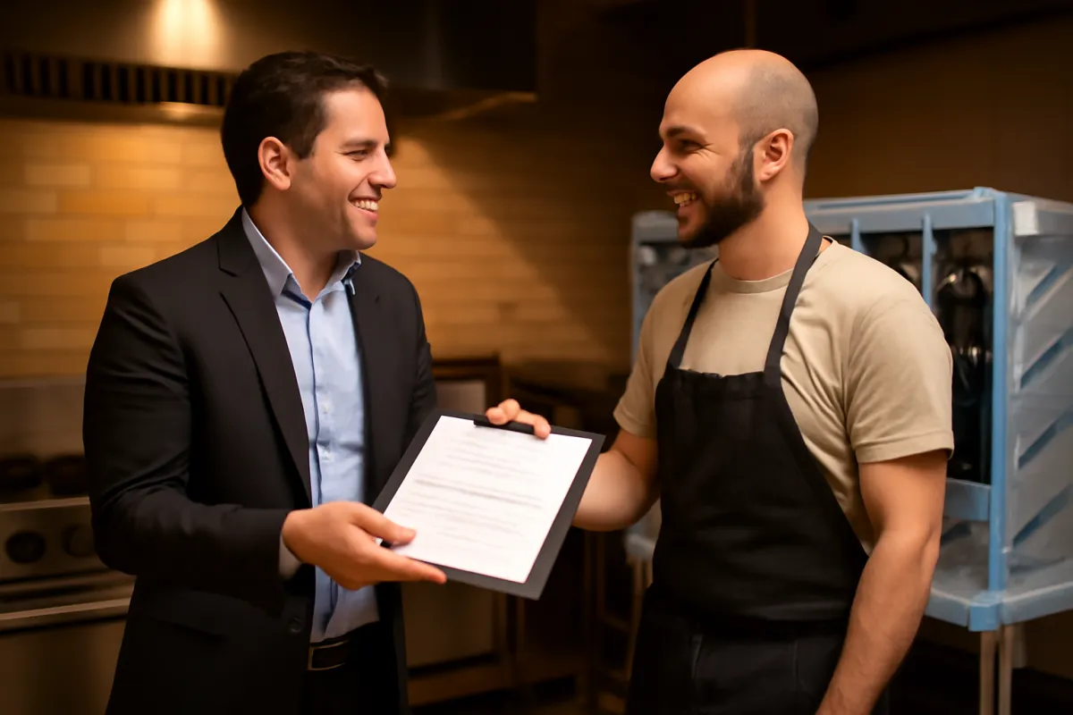 A leasing representative in a suit handing a clipboard with a lease agreement to a smiling restaurant cook in an apron, beside a kitchen range and a wrapped reach-in refrigerator