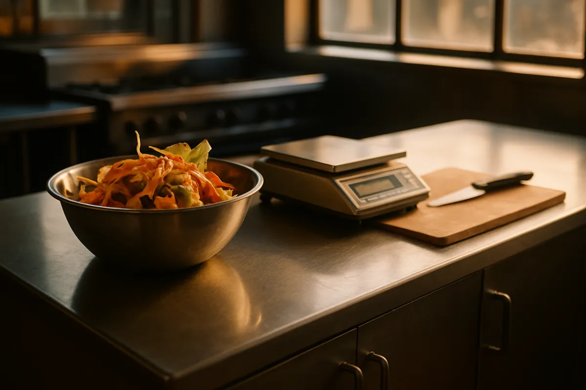 A metal bowl of vegetable trimmings on a stainless prep counter beside a digital scale, a wooden cutting board and a knife in warm window light