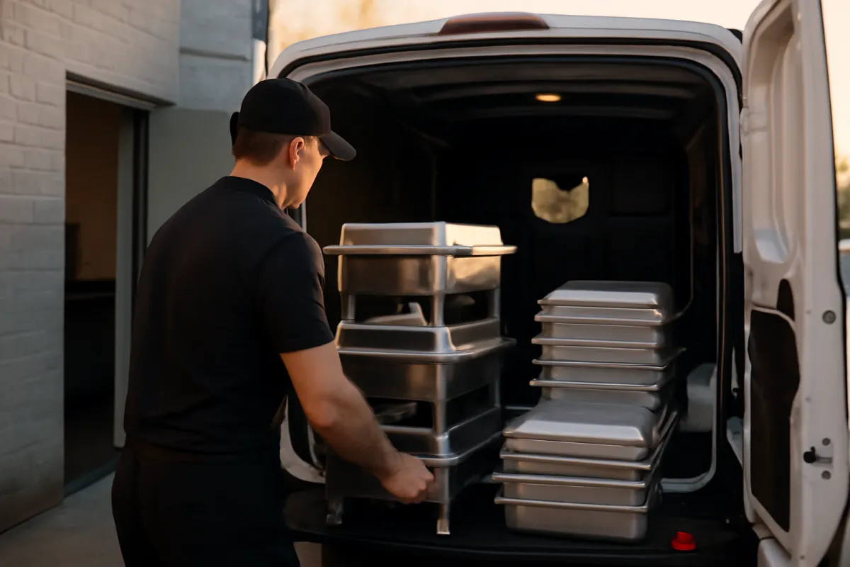 A caterer in a cap loading stacked stainless chafing dishes and catering trays into the back of a cargo van outside a commissary kitchen at dawn