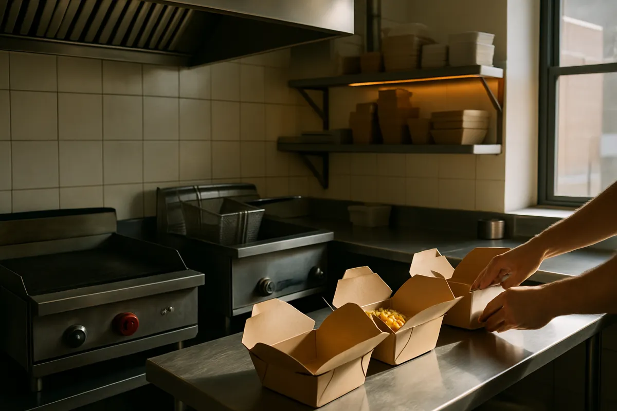 Takeout containers being packed on a stainless steel counter in a small commercial kitchen with a griddle and a fryer along the wall