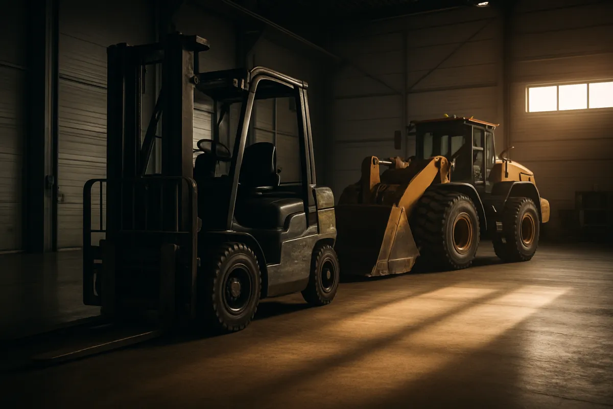 Heavy commercial equipment and a forklift inside a modern warehouse