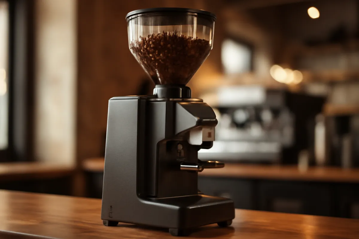 A commercial coffee grinder with a bean hopper standing on a cafe counter in warm amber natural light