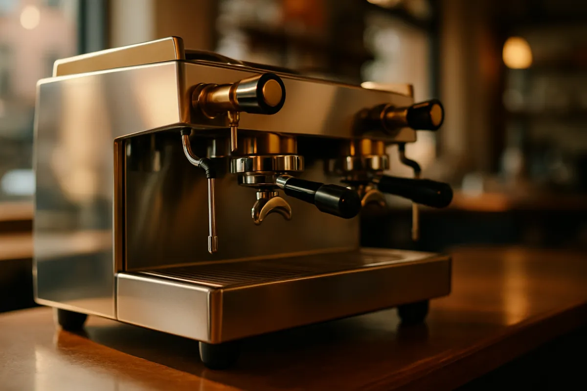 A two-group commercial espresso machine on a cafe counter in warm amber natural light