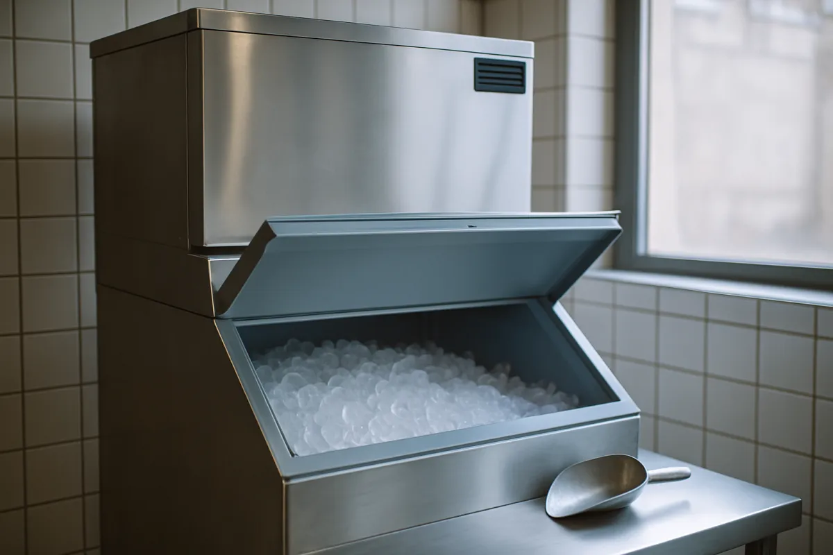 A stainless ice machine head sitting on a storage bin with the bin lid propped open over loose ice, a metal scoop on the counter beside it in a tiled room