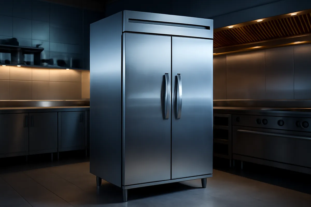 A pristine stainless-steel commercial reach-in refrigerator standing in a clean modern restaurant kitchen under cool blue light