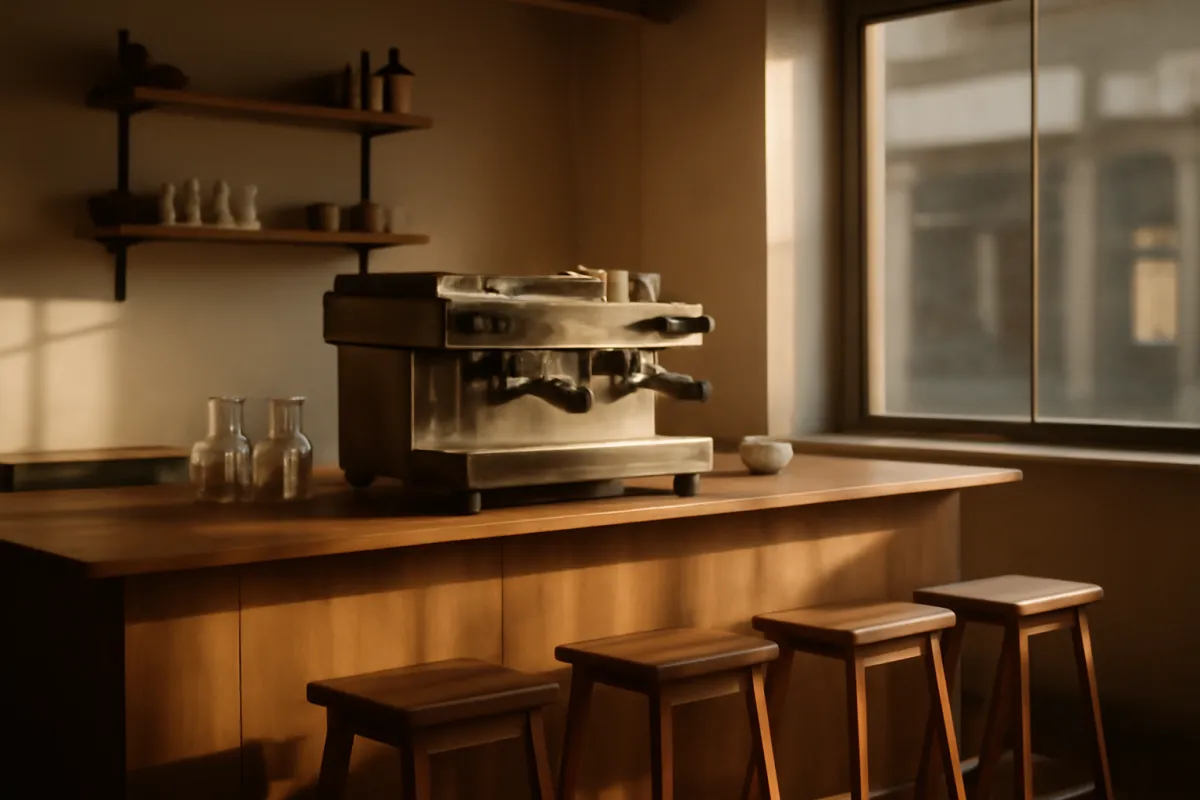 A newly opened coffee shop interior with a commercial espresso machine on a wooden counter in warm amber morning light