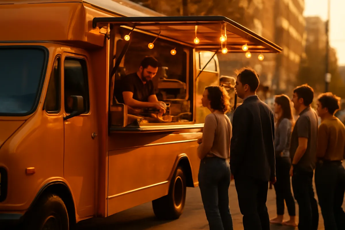 A gourmet food truck parked and serving a line of customers at a busy street food spot in warm golden light