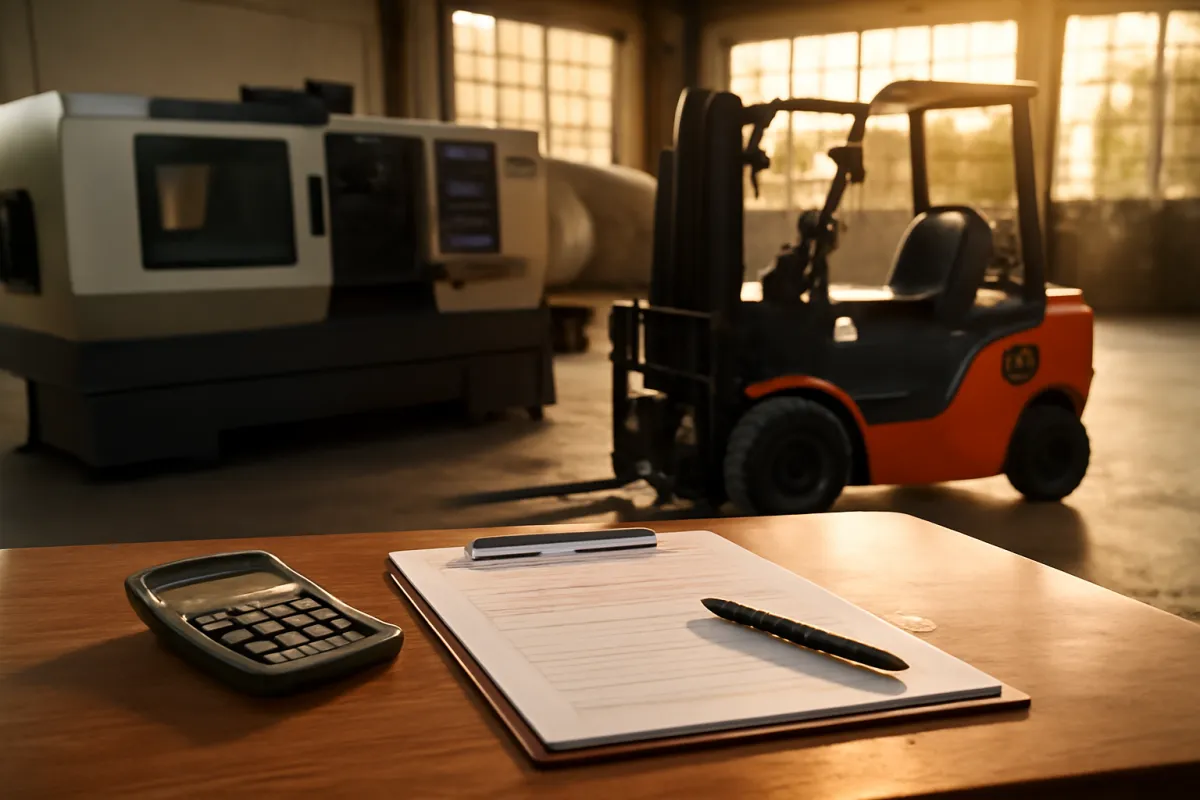 Commercial industrial equipment beside a desk with loan paperwork and a calculator in warm amber light
