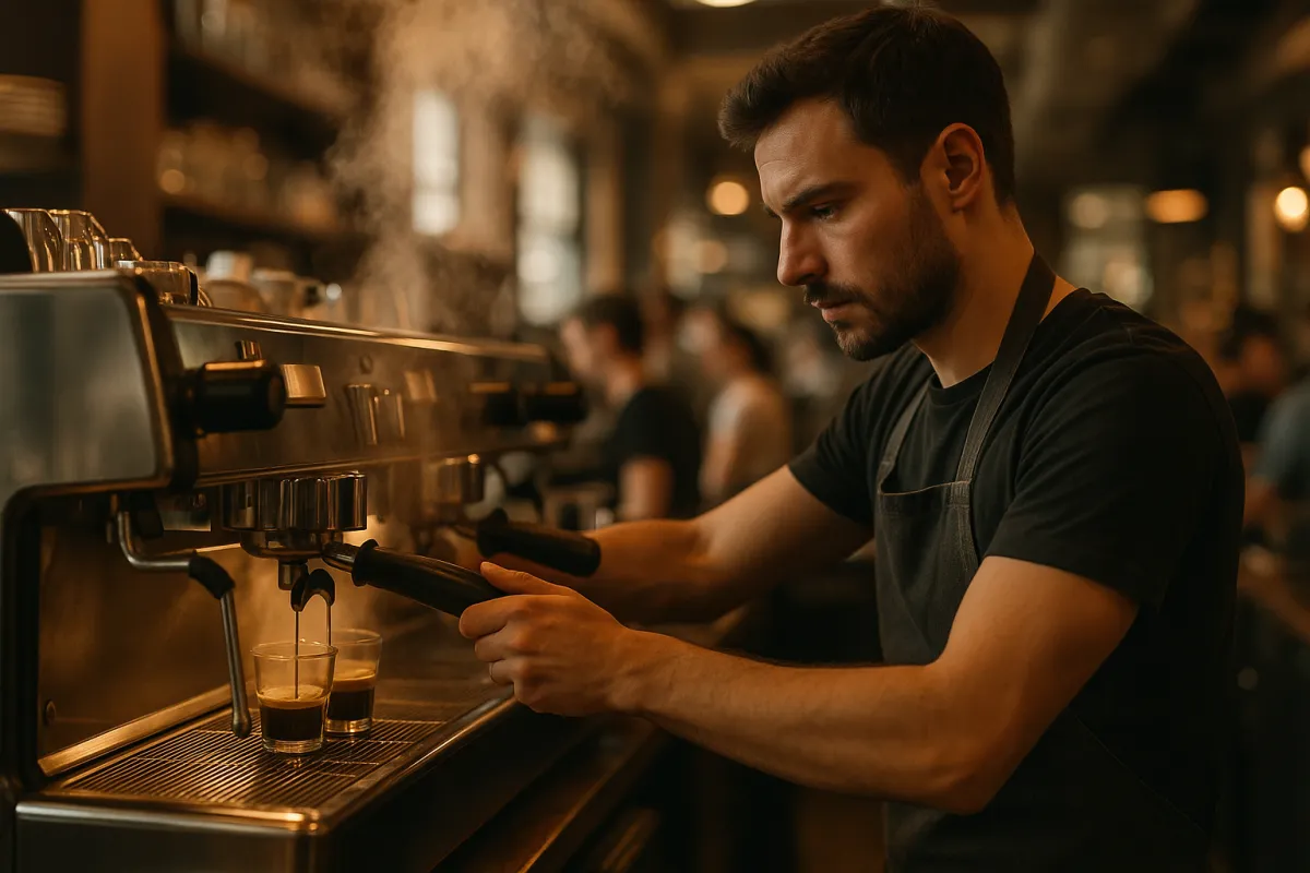 A barista pulling shots on a commercial espresso machine in a busy cafe
