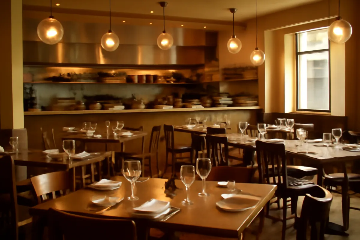 Interior of a newly opened full-service restaurant with set dining tables and an open kitchen in warm amber light