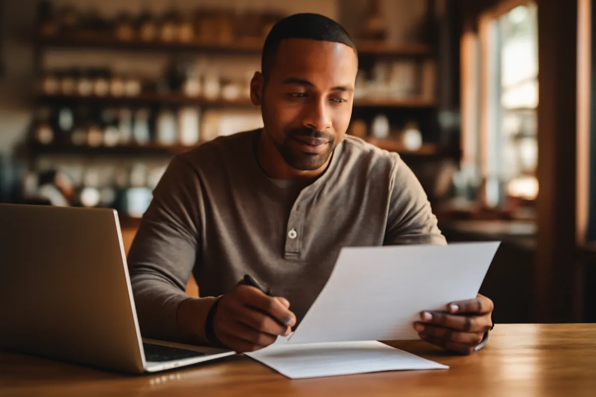 A small business owner reviewing printed loan paperwork at the counter of their own shop with a laptop and a pen in warm amber daylight