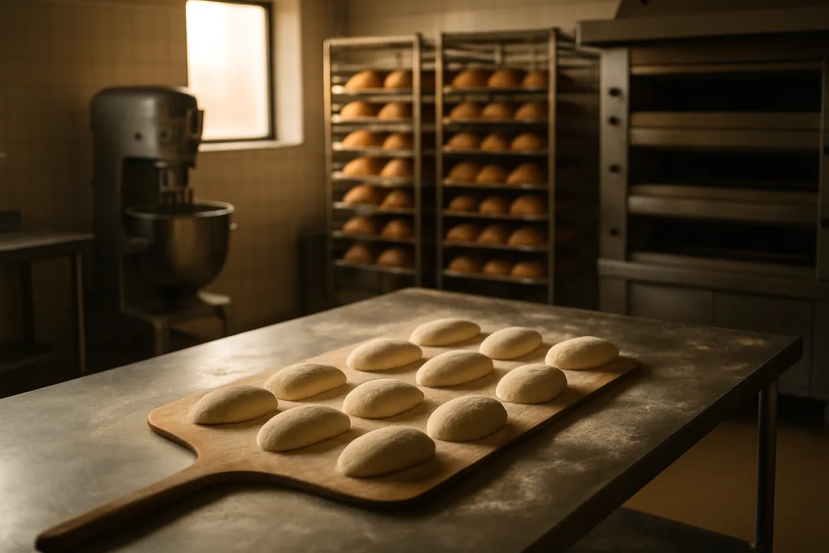 Rows of shaped dough rounds on a wooden peel atop a flour dusted metal work table, with tall wire racks of baked rolls, a floor mixer, and a multi-door oven behind