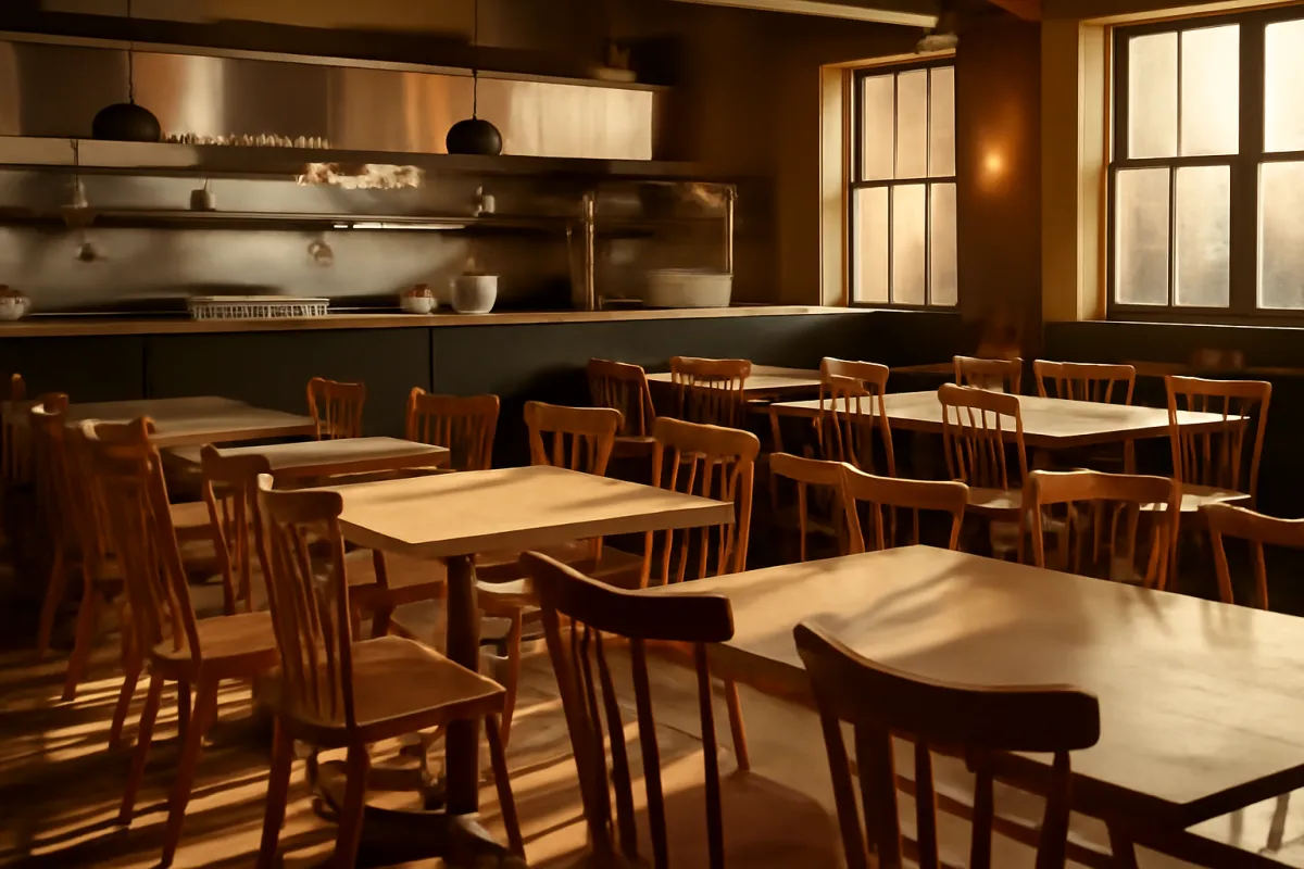 Interior of a full-service restaurant being set up before opening, with chairs being arranged around bare tables and an open kitchen behind, in warm amber light