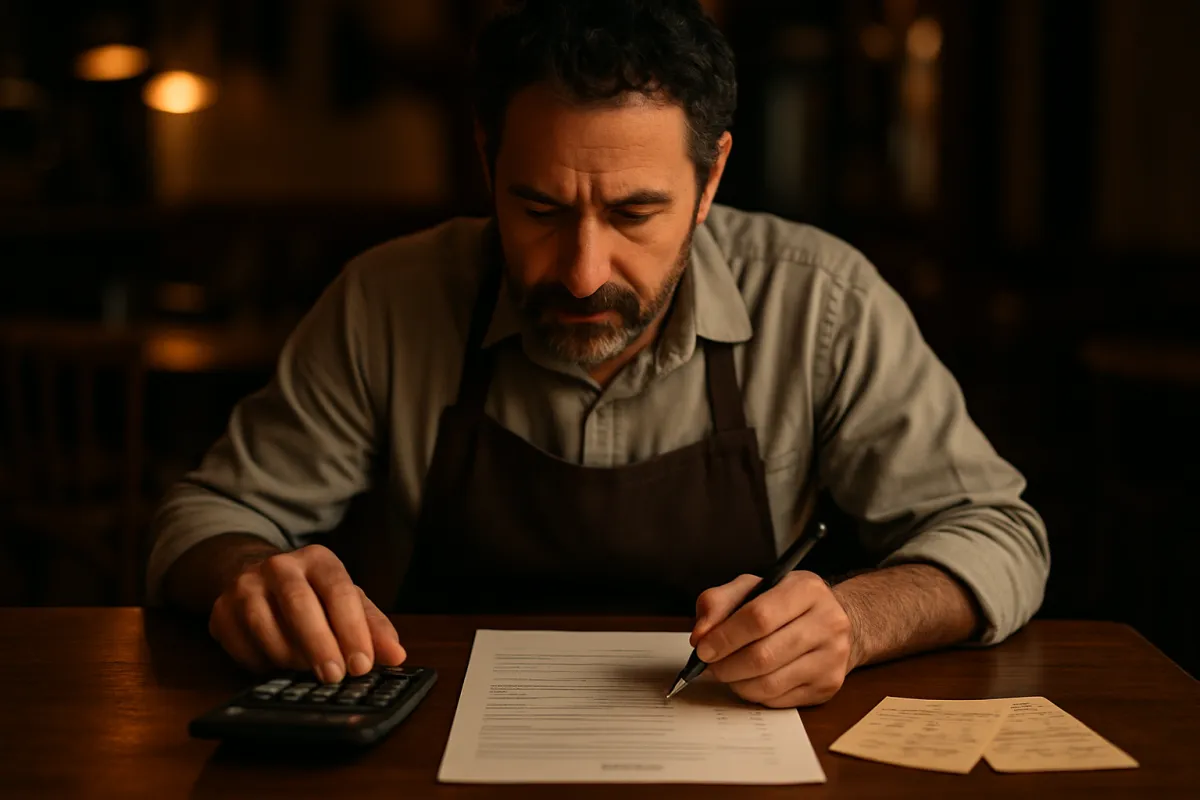 A restaurant owner costing a menu at a table with a calculator, handwritten recipe cards, and a printed menu in warm focused light