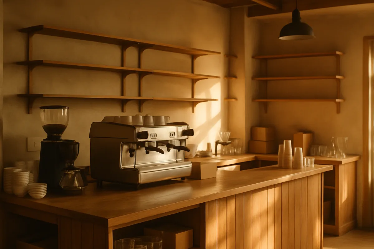 The interior of a cozy independent coffee shop being set up before opening, with a commercial espresso machine on a wooden counter in warm morning light