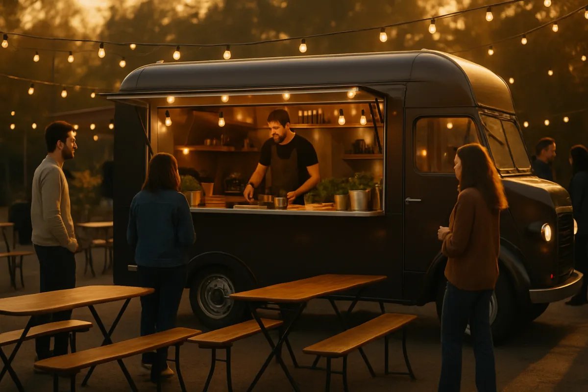 A gourmet food truck being set up and prepped at an outdoor street food event in warm golden hour light with string lights and a few people gathering