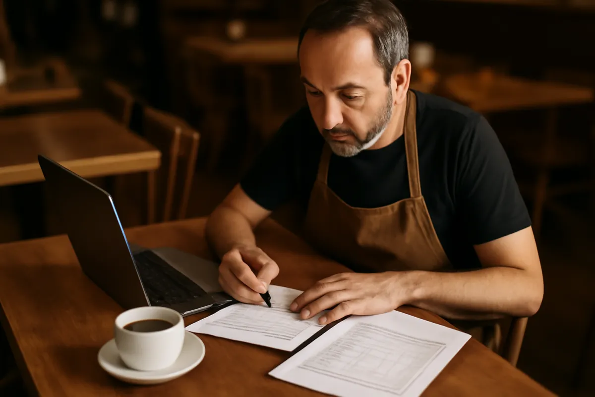 A restaurant owner working on a business plan at a wooden table with a laptop, handwritten notes, and a printed spreadsheet in warm focused amber light