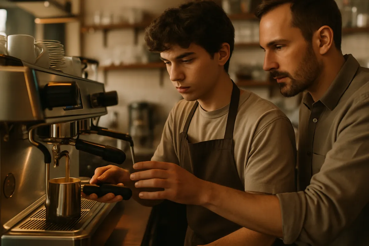 A new barista training on a commercial espresso machine behind a cafe counter, hands on the portafilter with the steam wand nearby in warm light