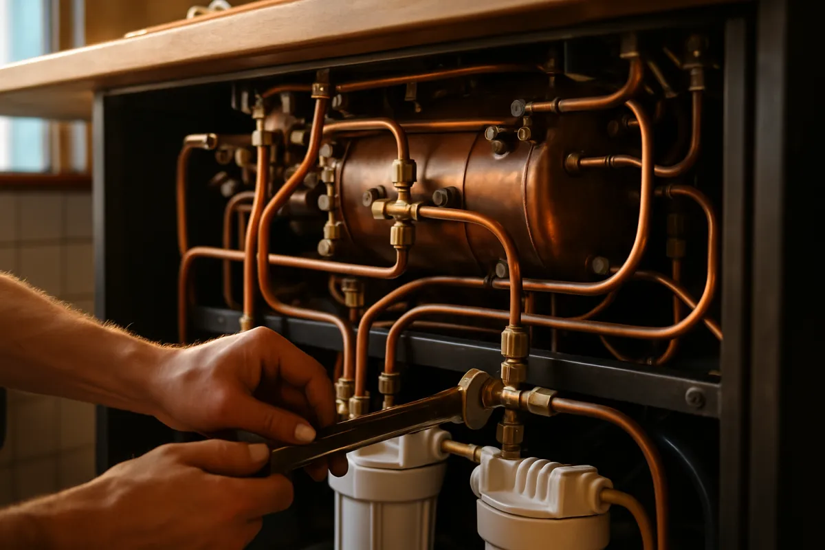 Copper boiler and water filtration cylinders under a cafe counter during espresso machine installation