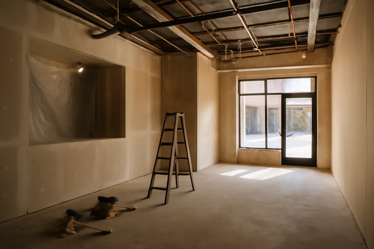 A commercial kitchen space under construction with ductwork and ventilation runs being installed above a bare cooking area