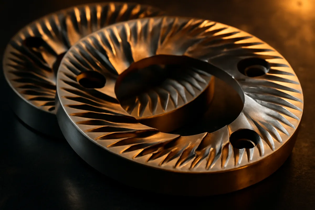Close-up of a set of flat steel espresso grinder burrs with sharp concentric cutting teeth resting on a dark cafe counter