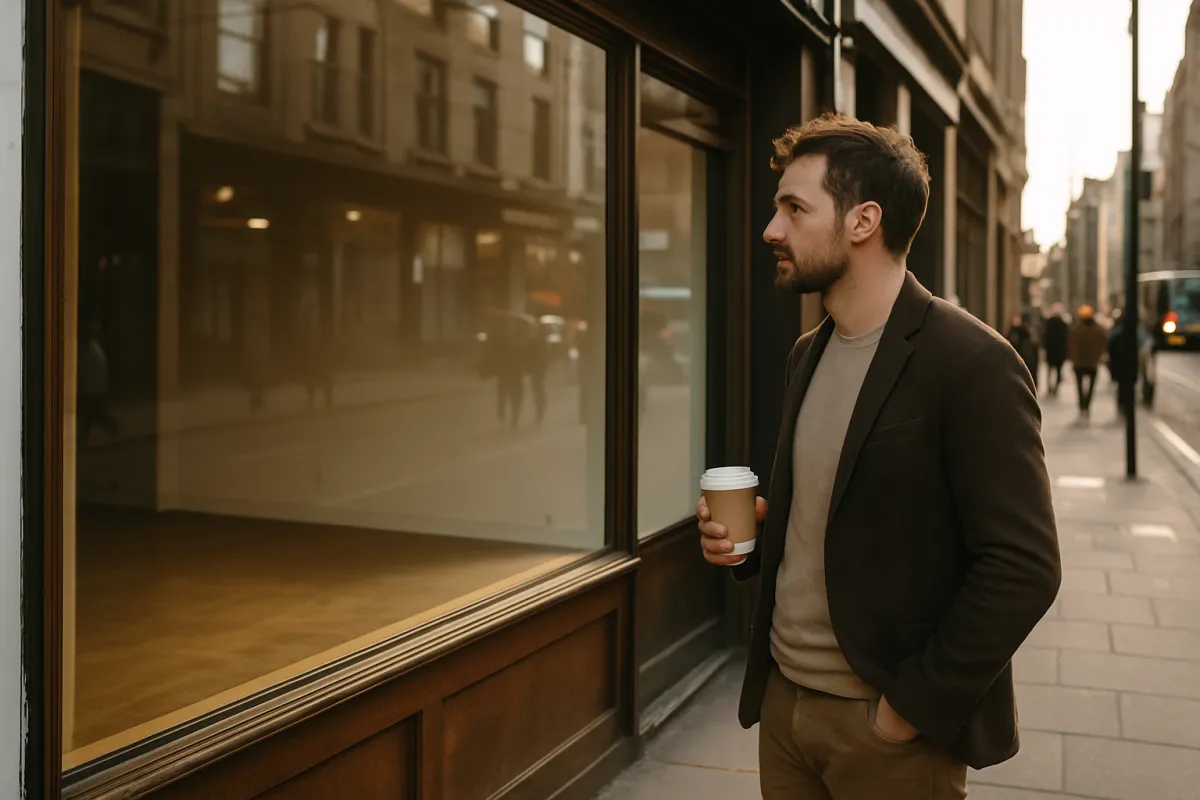 A prospective cafe owner standing on a busy sidewalk scouting an empty retail storefront while checking foot traffic in warm daylight