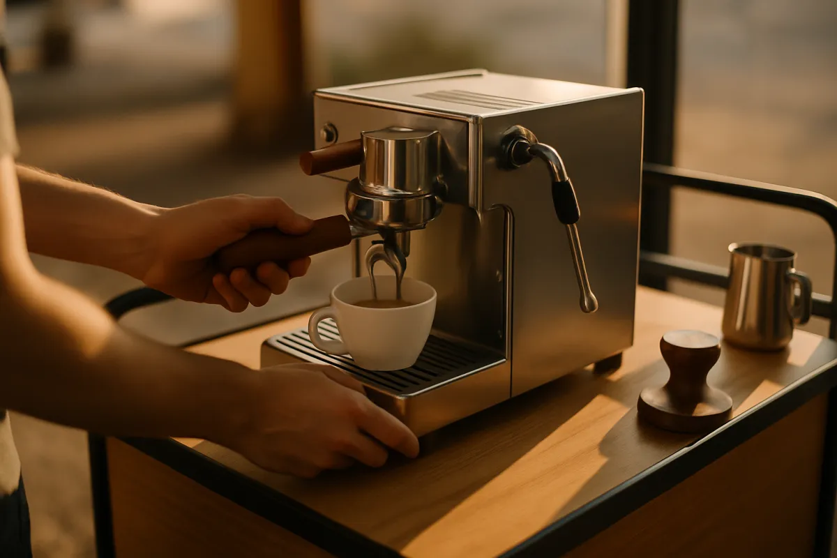 A compact single-group espresso setup on a small coffee cart counter in warm morning light