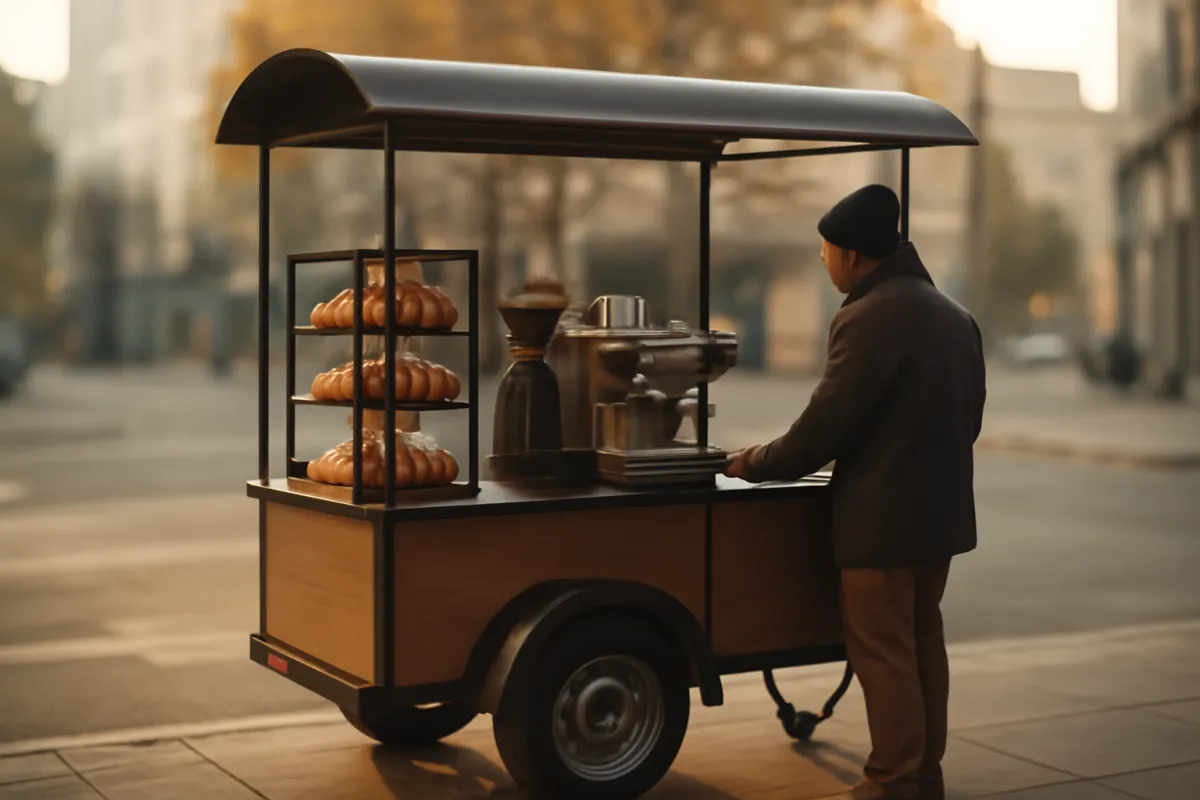 A compact mobile coffee cart kiosk on a city sidewalk with a small single-group espresso setup in warm amber morning light