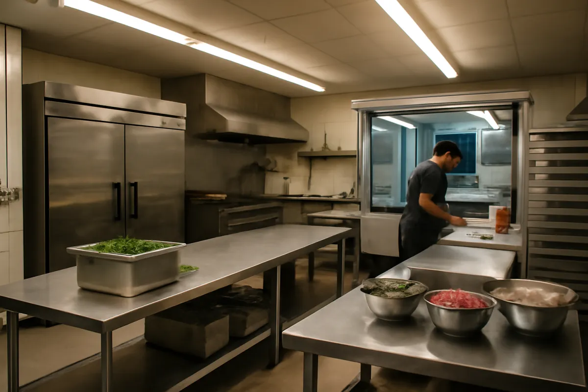 A shared commercial commissary kitchen with stainless steel counters and refrigerators and an operator prepping ingredients in the background