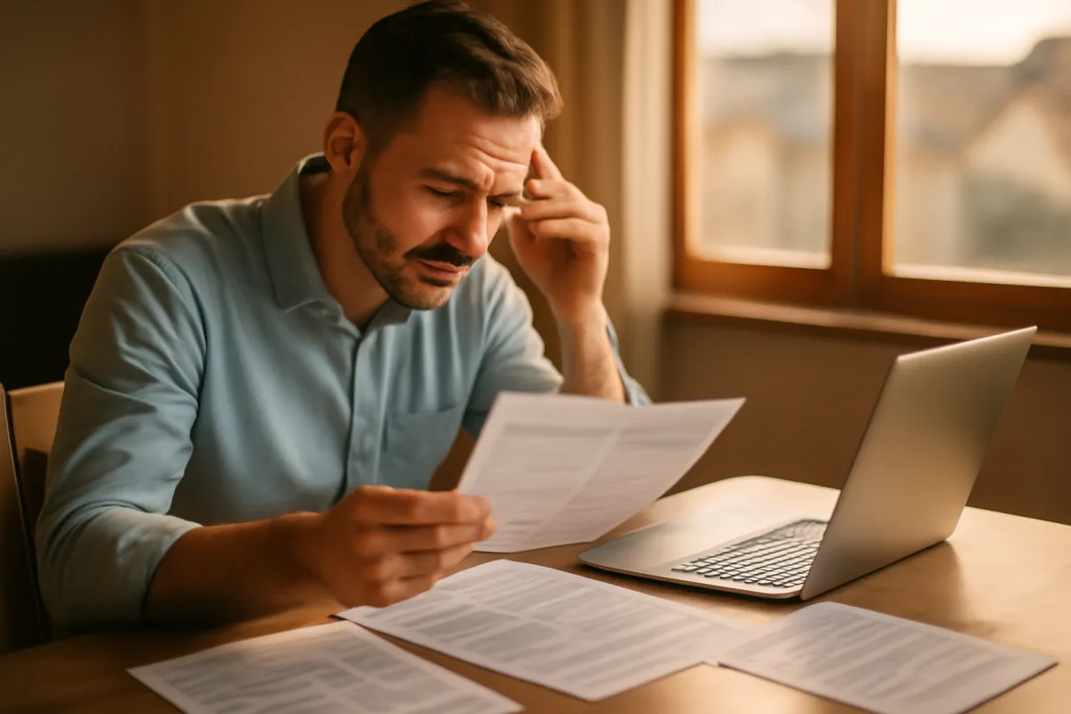 A business owner comparing loan offers from different lenders on a laptop and printed sheets spread across a table in warm natural light