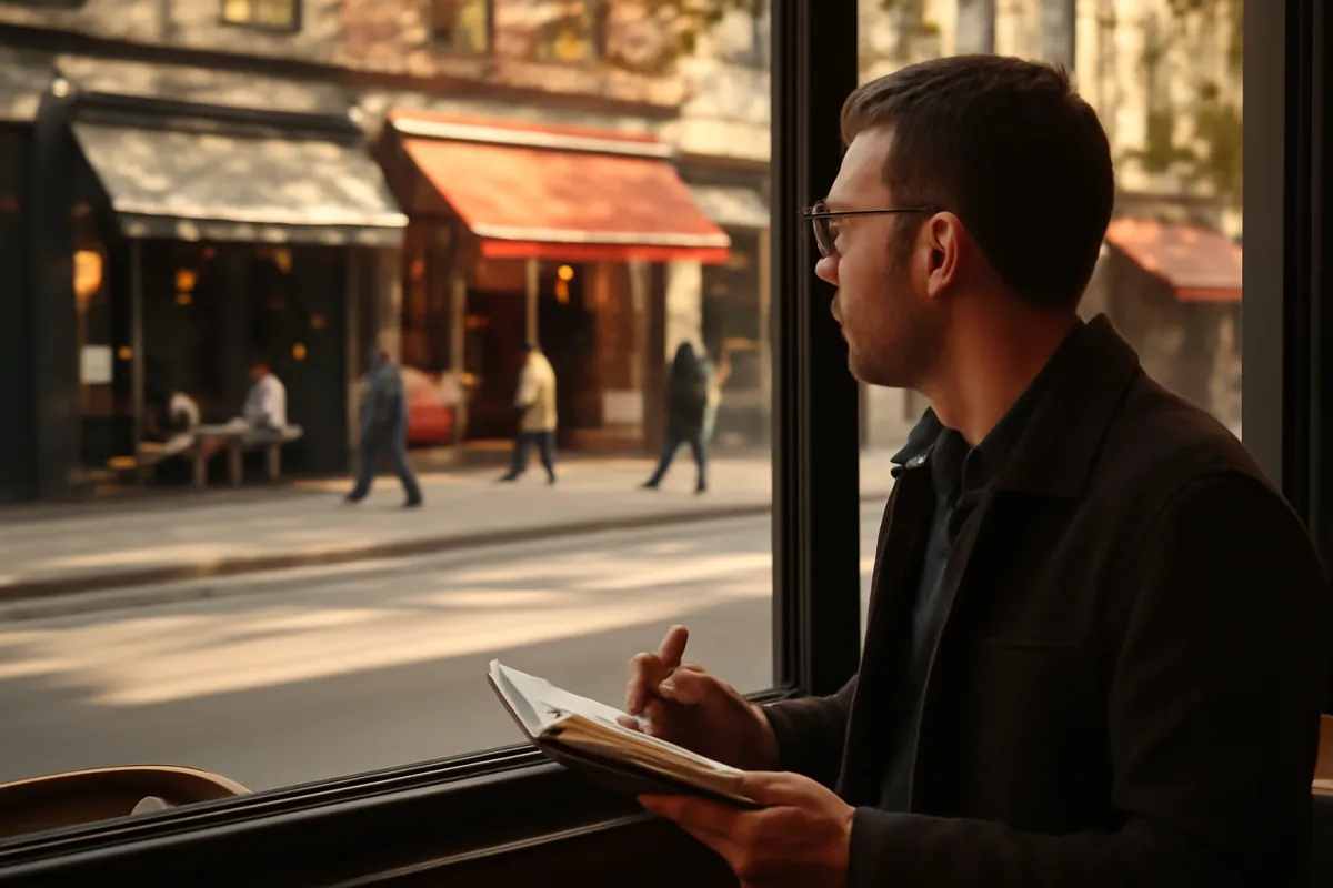 A person walking a neighborhood street studying competing restaurants and counting foot traffic through a cafe window with a notebook in hand