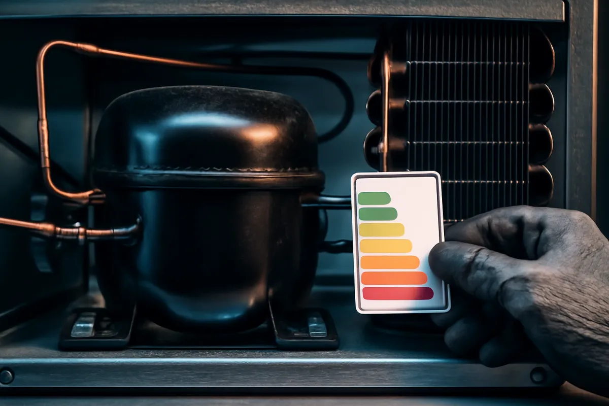 A close-up of the compressor and copper condenser coils on the back of a commercial refrigerator during an efficiency inspection under cool light