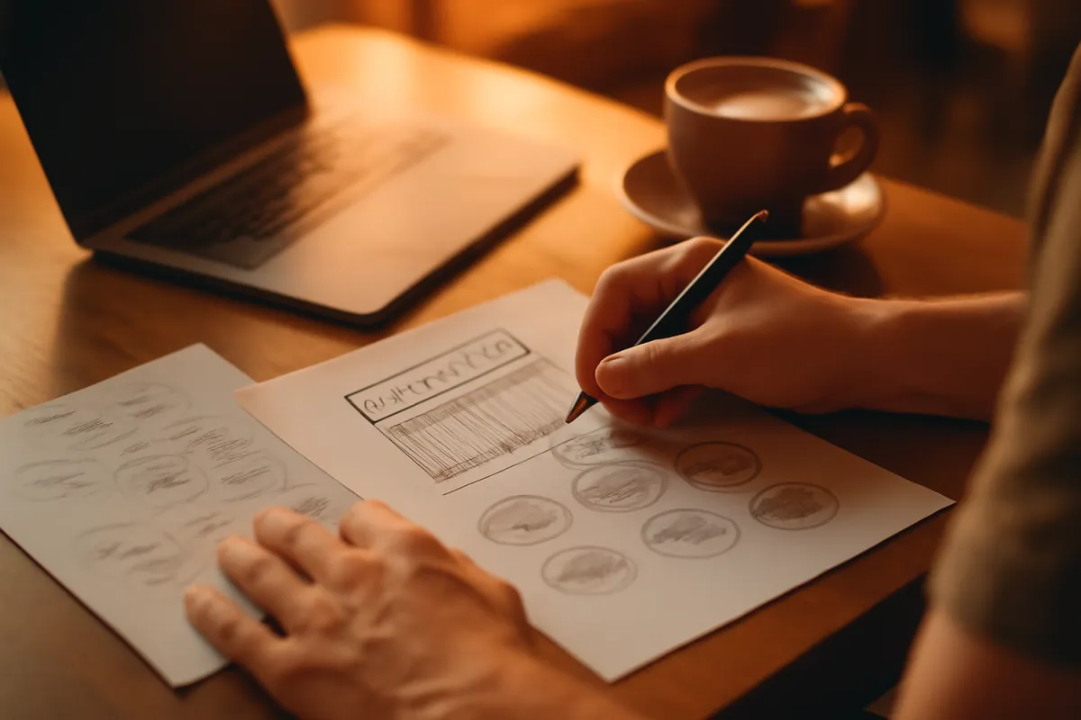 A person sketching a restaurant concept and menu ideas on paper at a table with a laptop and coffee
