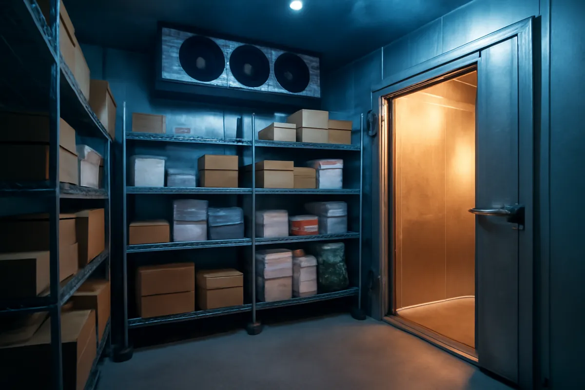 The interior of a large commercial walk-in cooler room with stainless walls and heavy wire shelving stacked with food, an insulated door ajar with warm light beyond