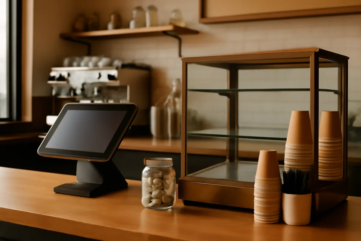 A quick-service restaurant front counter where the point-of-sale terminal, card reader, and receipt printer sit within reach of the staff