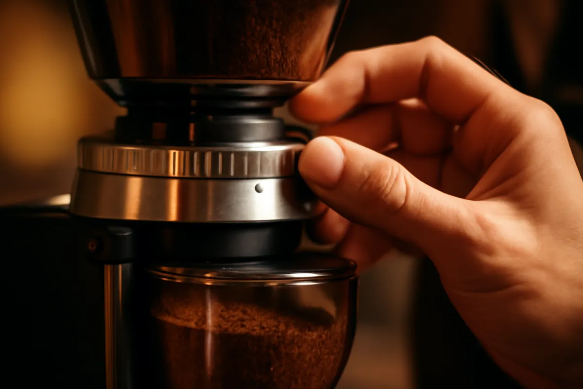 A barista hand adjusting the grind size dial on a commercial espresso grinder with fresh ground coffee in the dosing chamber