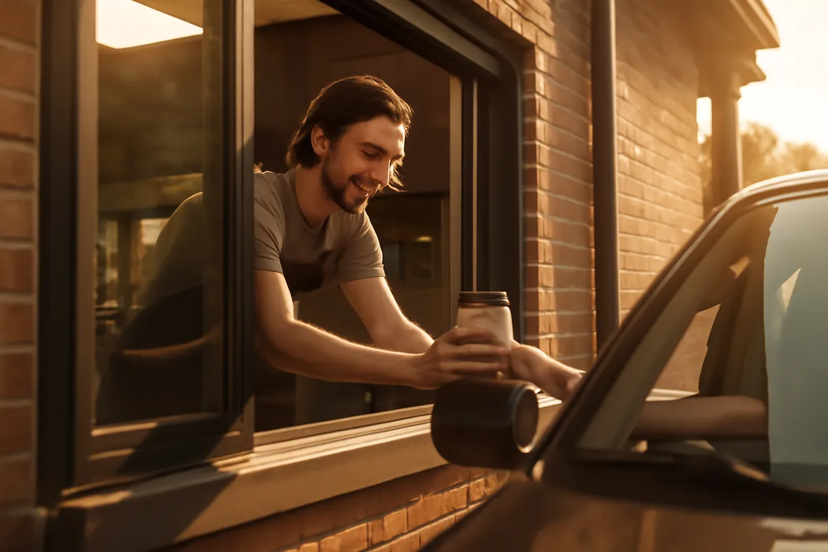 A quick-service drive-thru window where order speed depends on how fast the POS moves a ticket from register to kitchen