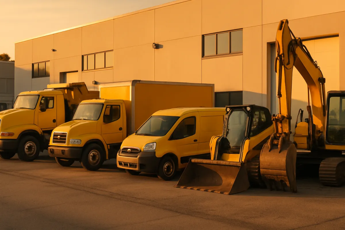 A row of commercial work vehicles and equipment lined up outside a business facility