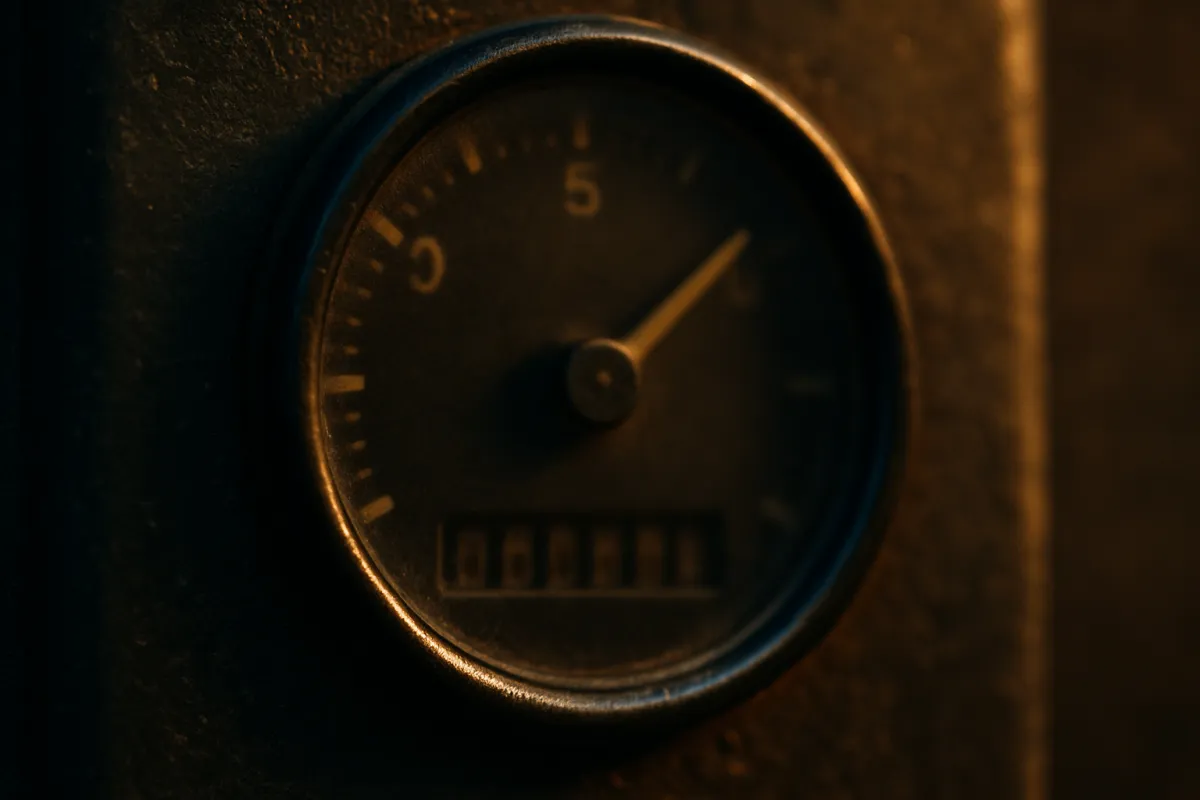 Close-up of an analog hour meter style gauge on commercial equipment