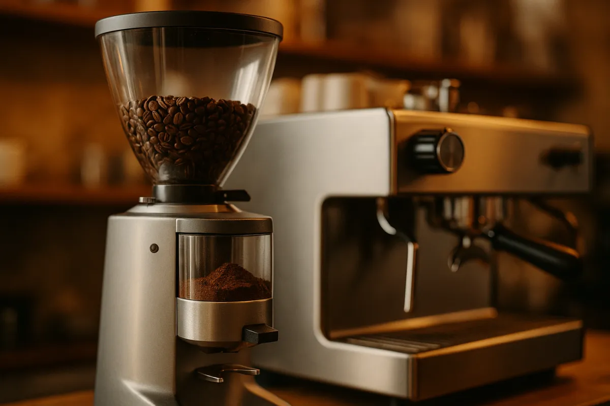 Close-up of a heavy commercial coffee grinder hopper and dosing chamber on a cafe counter