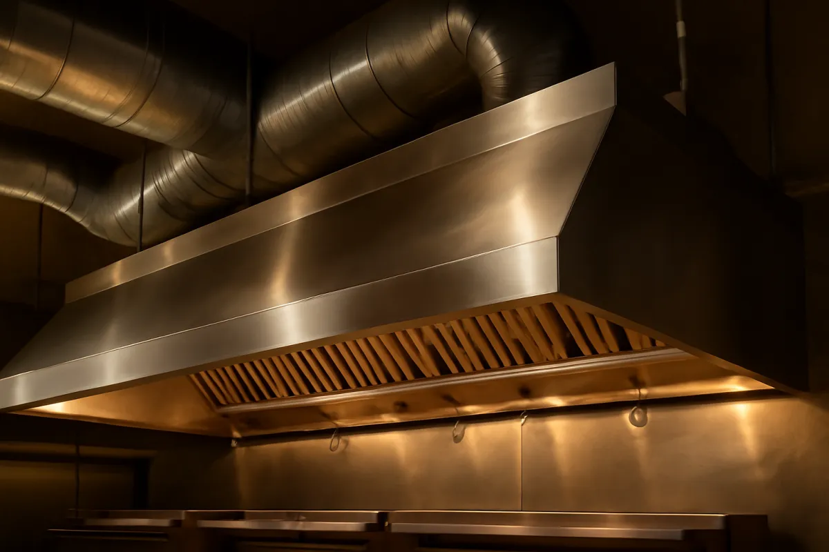 A large stainless-steel commercial kitchen exhaust hood over a cooking line with a fire-suppression nozzle system underneath and industrial ductwork above