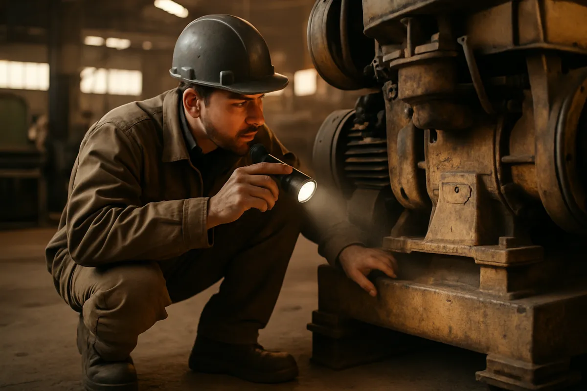 A technician inspecting a stainless commercial kitchen exhaust hood and its fire-suppression nozzles during a scheduled service