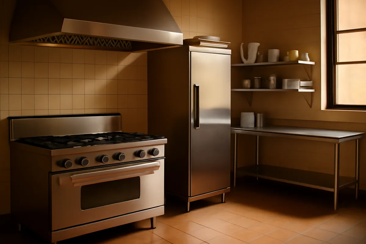 A complete commercial kitchen equipment package staged along a wall, the kind of range, refrigeration, and prep line a restaurant might lease