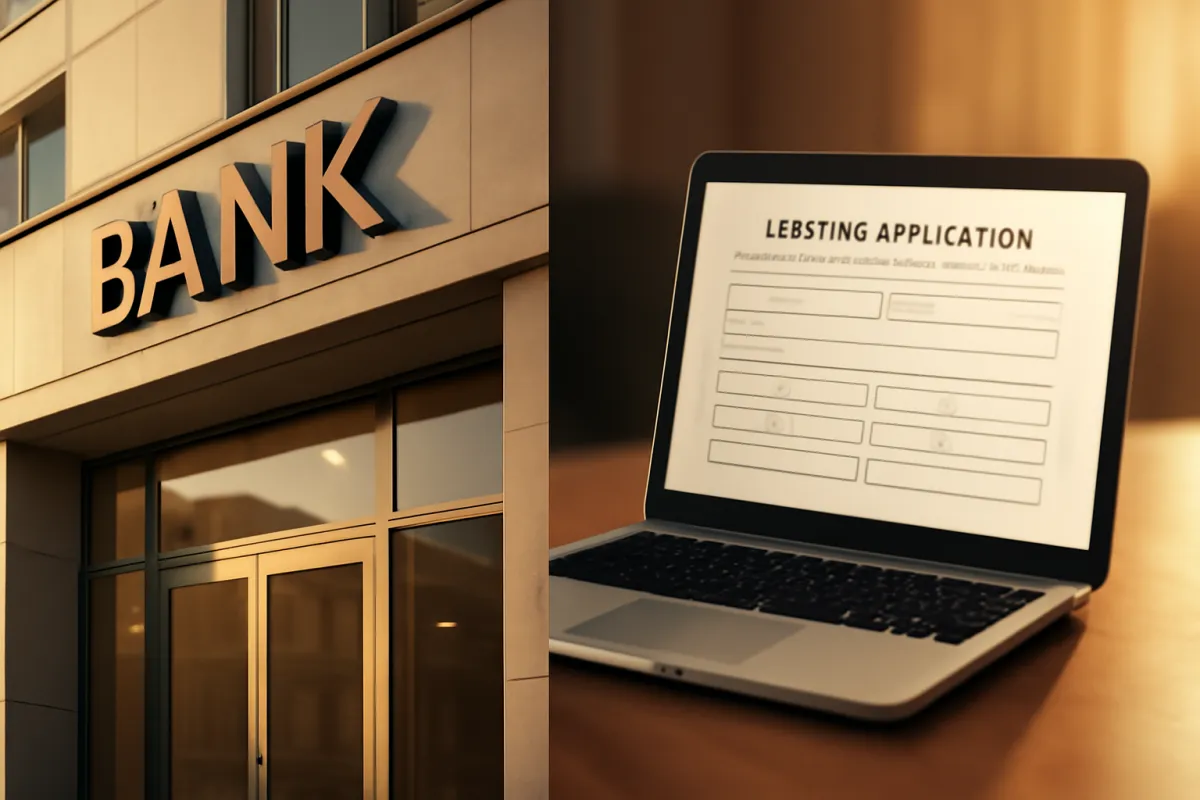 A commercial bank building beside a laptop showing an online lending application
