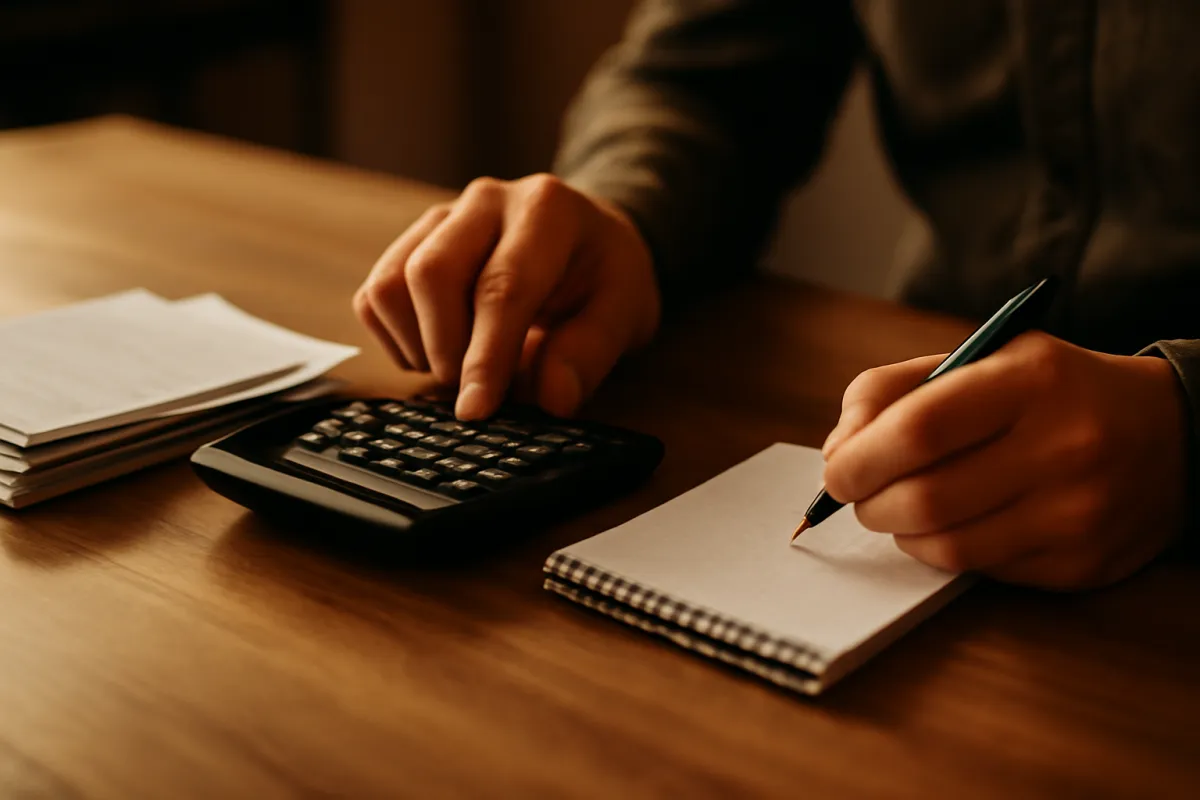 Hands working out a business loan amount on a calculator beside a notepad and a small stack of invoices in warm amber light